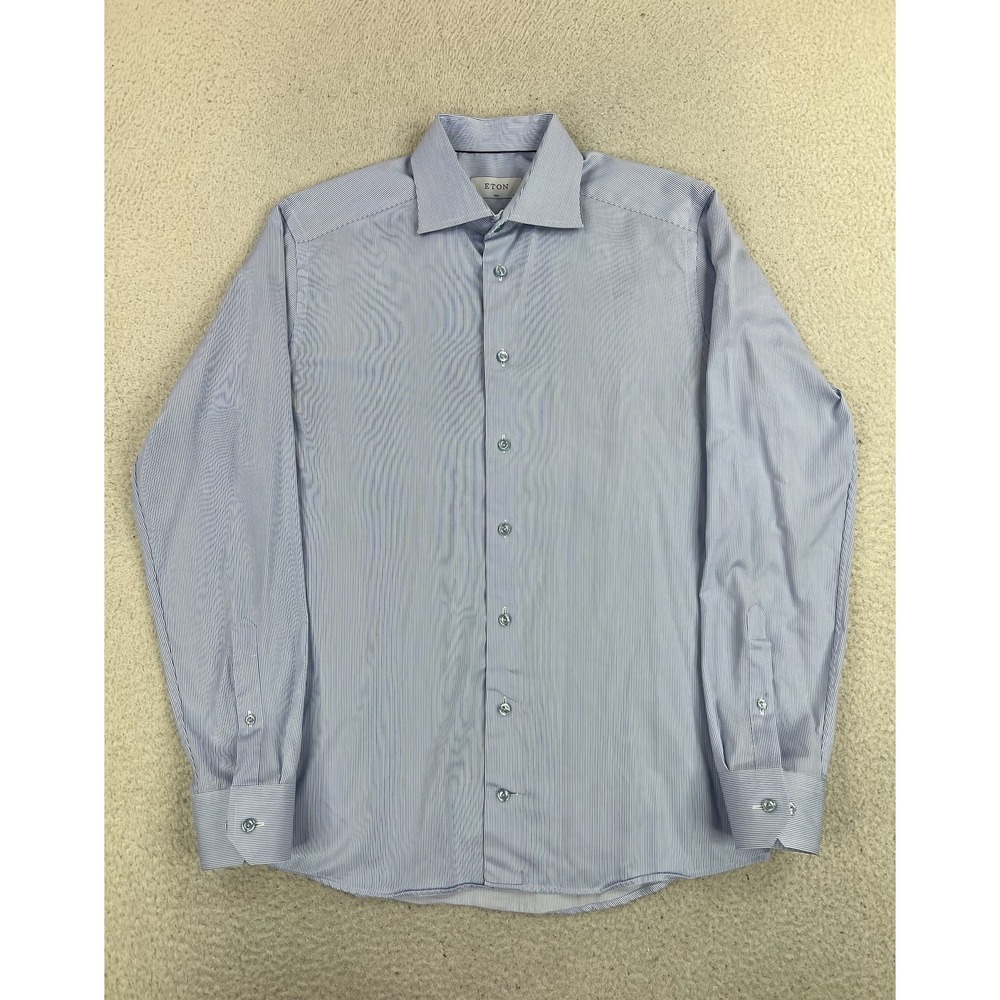 Eton Dress Shirt Mens 15.5 39 Blue Stripe Slim Fit Cotton Made In Romania LS